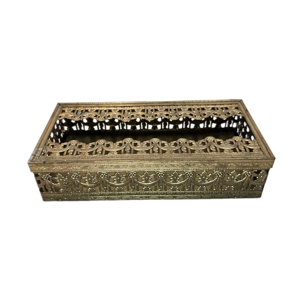 Hollywood Regency Gold Metal Filigree Tissue Box Cover Vanity Bathroom Decor